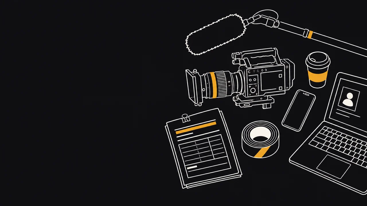 Line drawing of a crew member’s kit laid out from above: a cinema camera, boom mic, call sheet, phone, coffee, gaffer tape and a laptop showing a profile card.