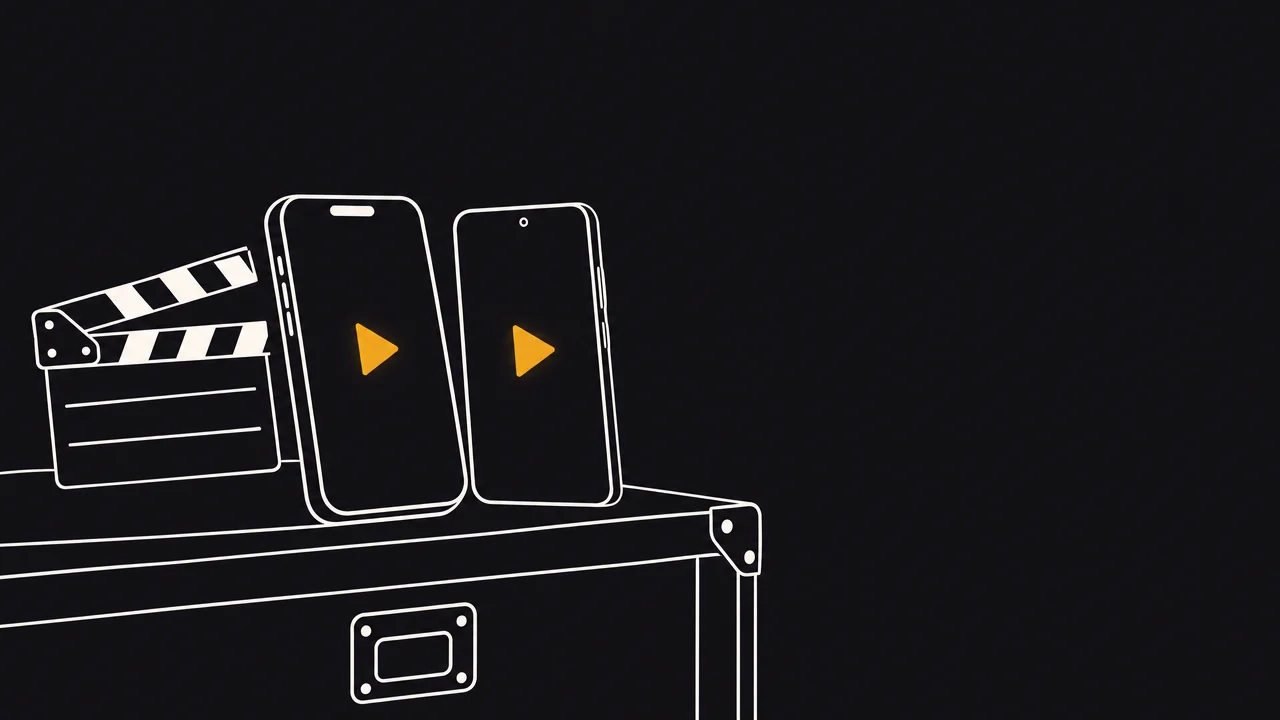 Line drawing of an iPhone and an Android phone standing on a road case next to a film slate, each screen showing a play button.