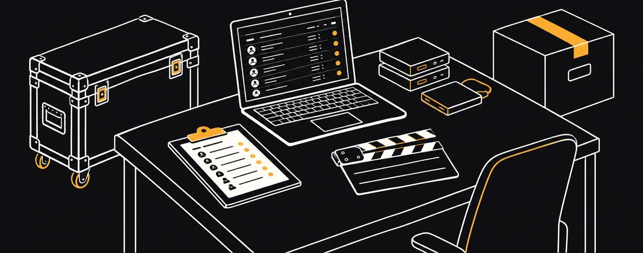 Line drawing of a production office desk: a laptop showing a crew list, a clipboard call sheet, a film slate, hard drives, a road case and a shipping box.